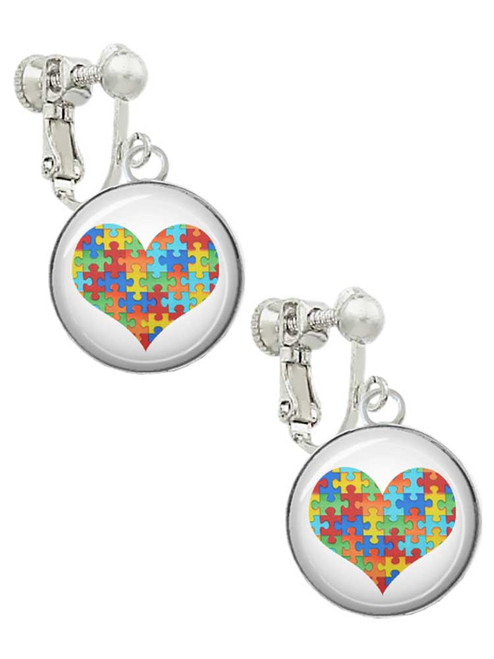 Domed Puzzle Piece Heart Clip On Earrings