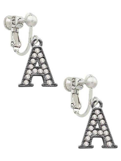 Crystal Black Initial - A - Beaded Border - Clip On Earrings