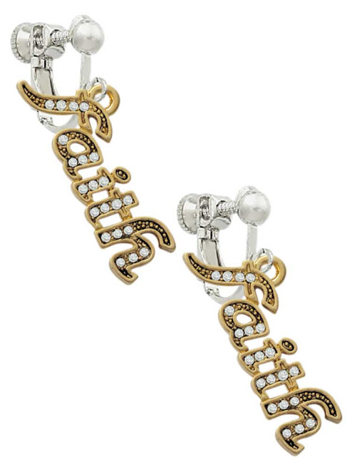 Gold Tone Script ''Faith'' with Clear Crystals Clip On Earrings