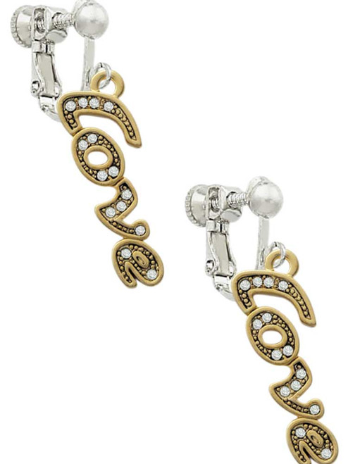 Gold Tone Script ''Love'' with Clear Crystals Clip On Earrings
