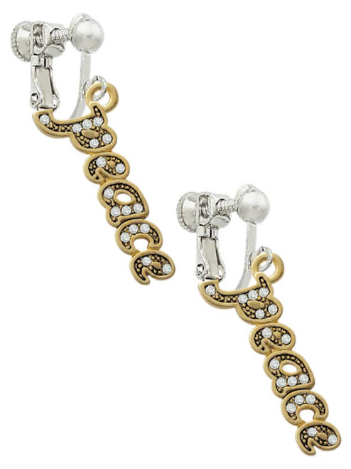 Gold Tone Script ''Peace'' with Clear Crystals Clip On Earrings