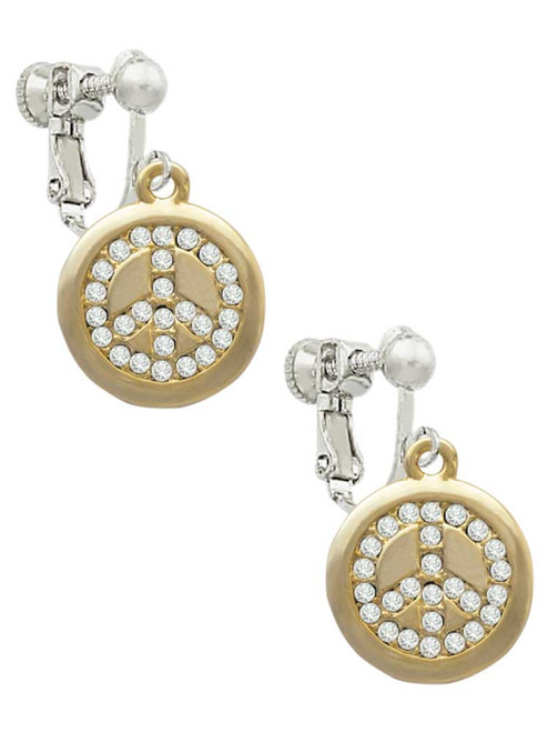 Gold Tone Disc with Crystal Peace Sign Clip On Earrings