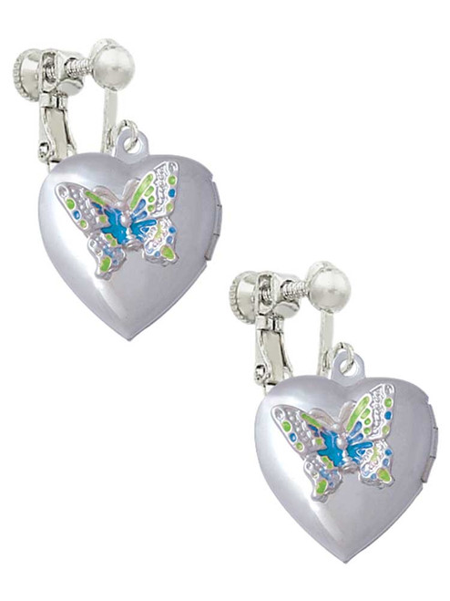 Lime Green & Hot Blue Butterfly Locket Clip On Earrings