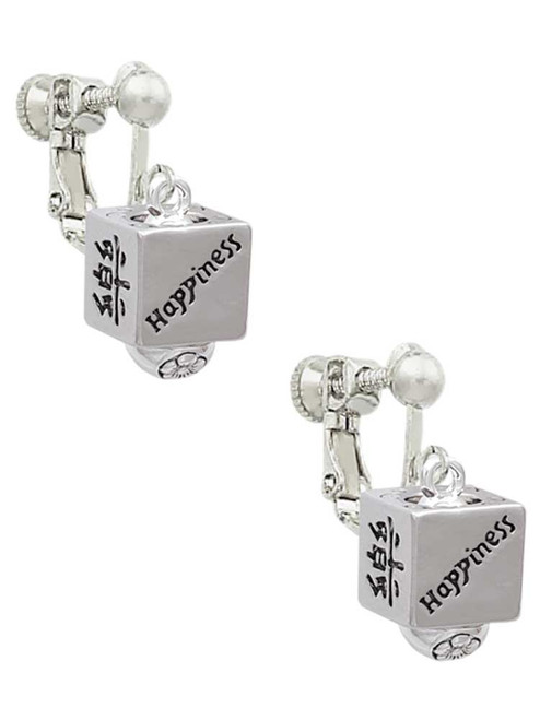 Chinese Symbol Happiness Square Spinner Clip On Earrings