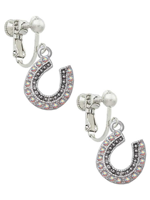 Beaded Clear AB Crystal Horseshoe with Good Luck Clip On Earrings