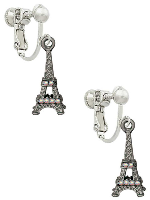 Black Nickel Tone AB Crystal Eiffel Tower Clip On Earrings