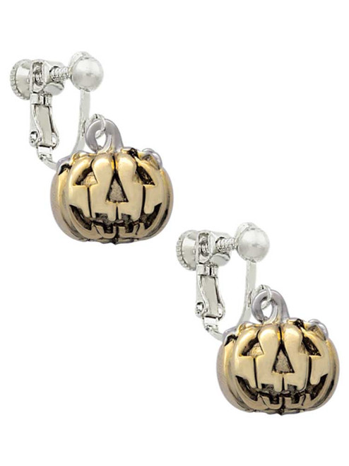 3-D Large Gold Tone Jack O' Lantern with Leaves Clip On Earrings
