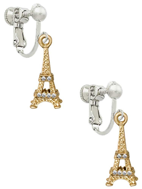 Gold Tone Crystal Eiffel Tower Clip On Earrings