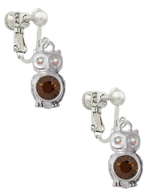 3-D Brown & AB Crystal Owl Clip On Earrings