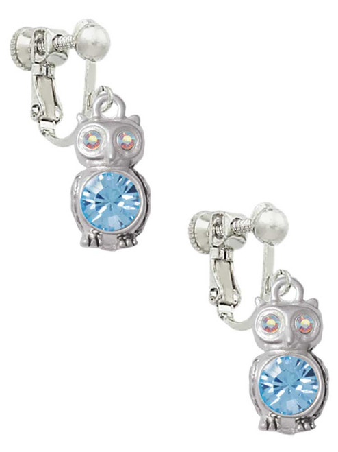 3-D Light Blue & AB Crystal Owl Clip On Earrings