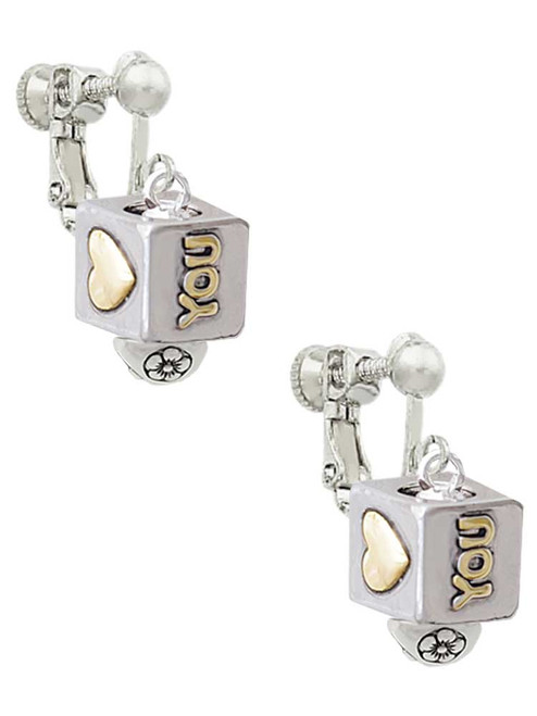 Two Tone Love You Square Spinner Clip On Earrings
