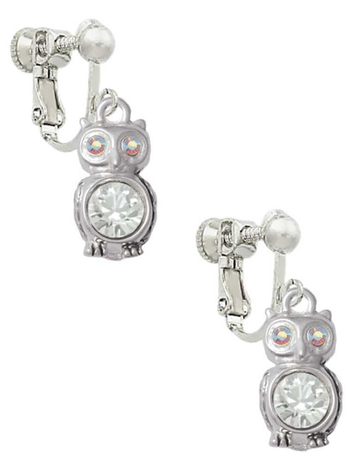 3-D Clear AB Crystal Owl Clip On Earrings