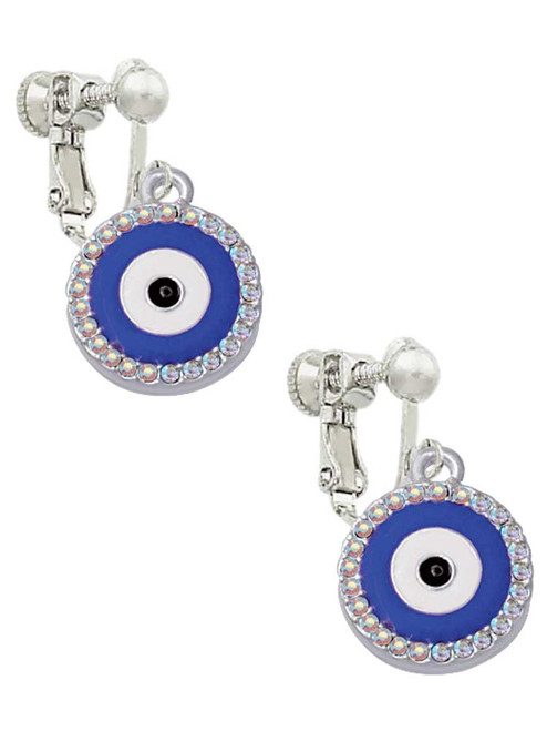 Large Blue Evil Eye with AB Crystal Border Clip On Earrings