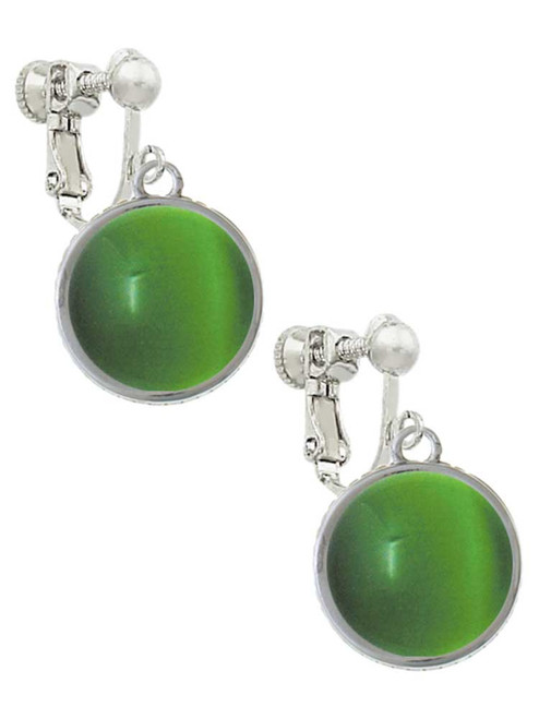 Round - Imitation Cat's Eye - Green - Clip On Earrings
