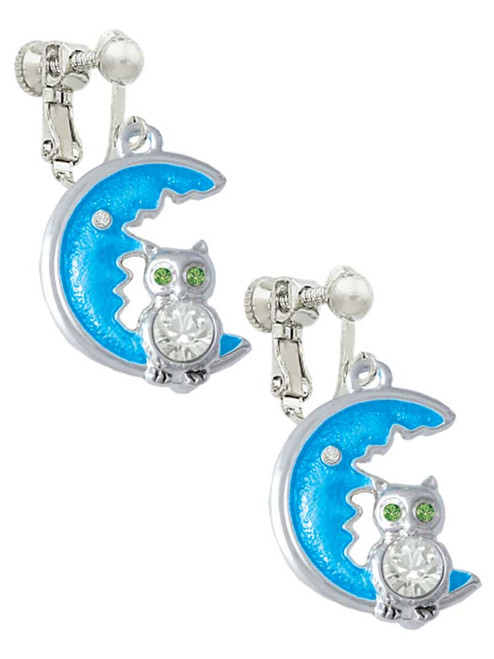 Large Clear Crystal Owl on Hot Blue Moon Clip On Earrings