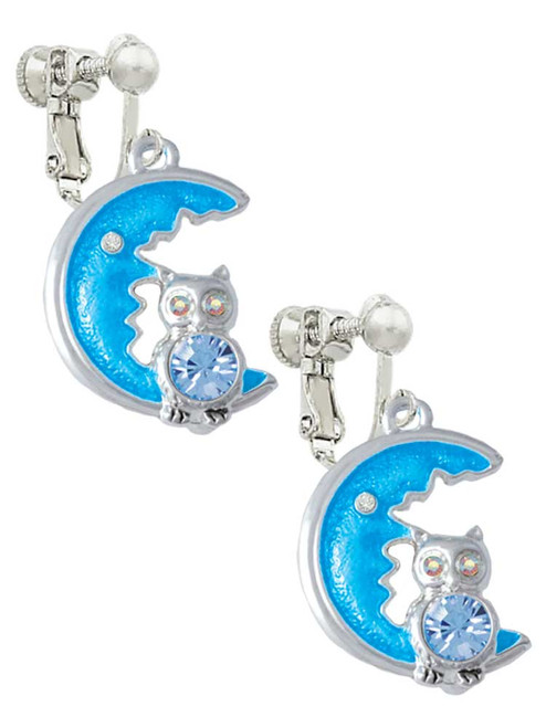 Large Blue Owl on Hot Blue Moon Clip On Earrings