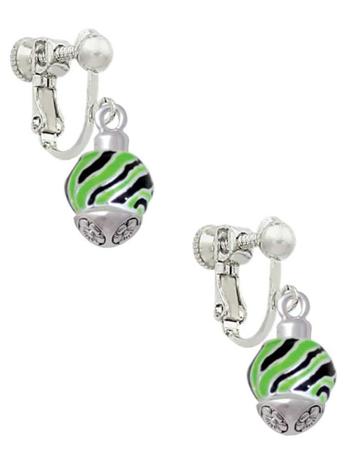 Wide Lime Green Zebra Print Band Spinner Clip On Earrings