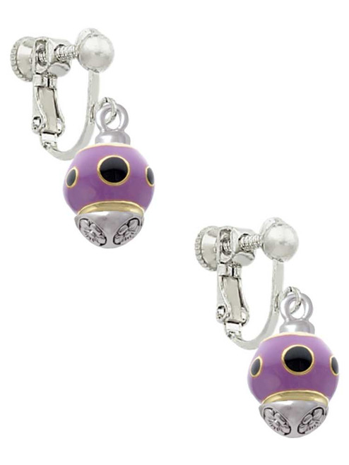 Wide Black Dots on Purple - Gold Tone Spinner Clip On Earrings