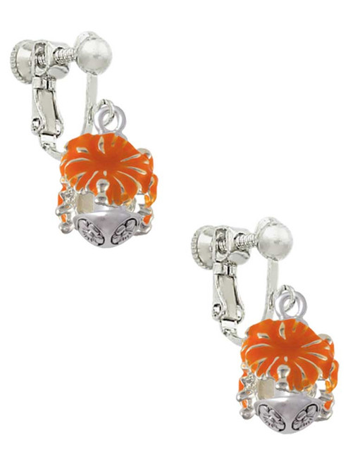 Hot Orange Hibiscus Flowers Spinner Clip On Earrings