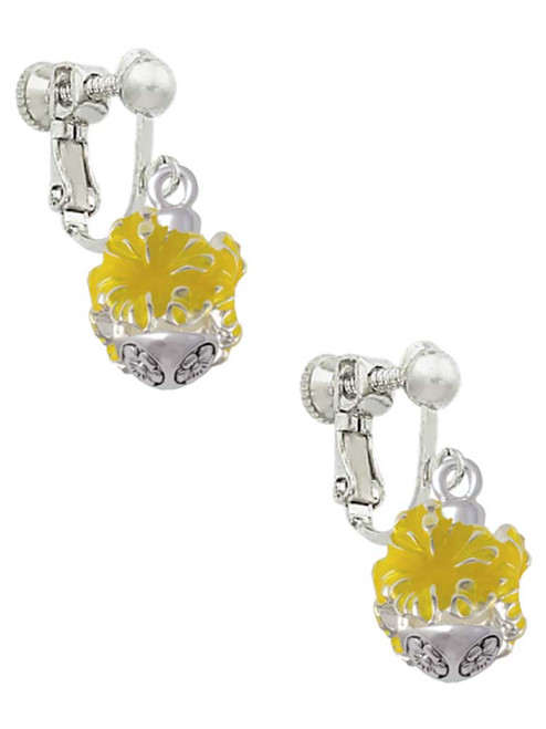 Hot Yellow Hibiscus Flowers Spinner Clip On Earrings