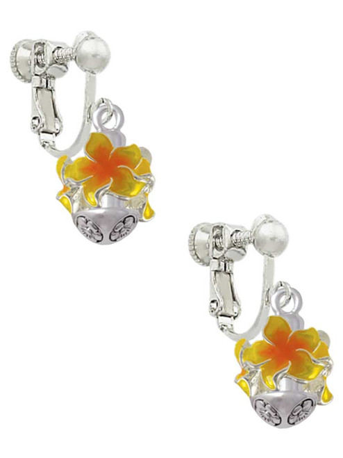 Hot Yellow and Orange Plumeria Flowers Spinner Clip On Earrings
