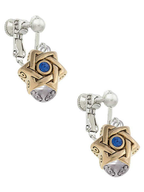 Star of David with Blue Crystal - Gold Tone Spinner Clip On Earrings