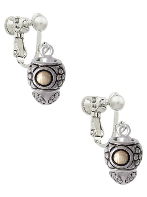 Silver Tone Pattern with 2 Gold Tone Bullets Spinners Clip On Earrings