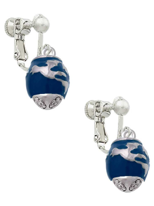 Blue Enamel World Globe Spinner Clip On Earrings