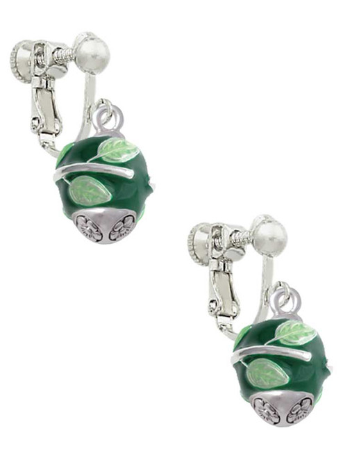 Lime Leaves on Green Band Spinner Clip On Earrings