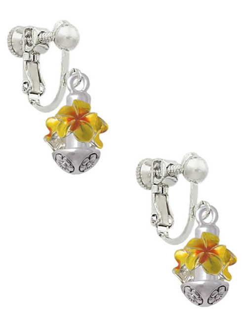 Hot Yellow & Orange Plumeria Flowers Spinner Clip On Earrings