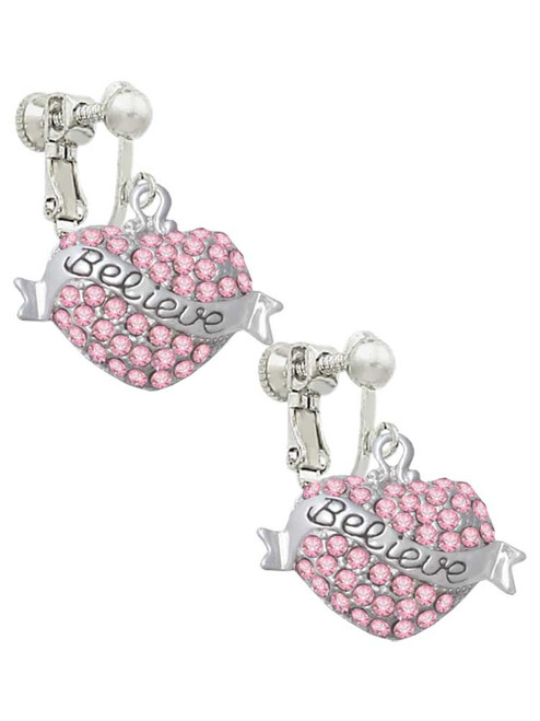 Believe Banner on Pink Crystal Heart Clip On Earrings