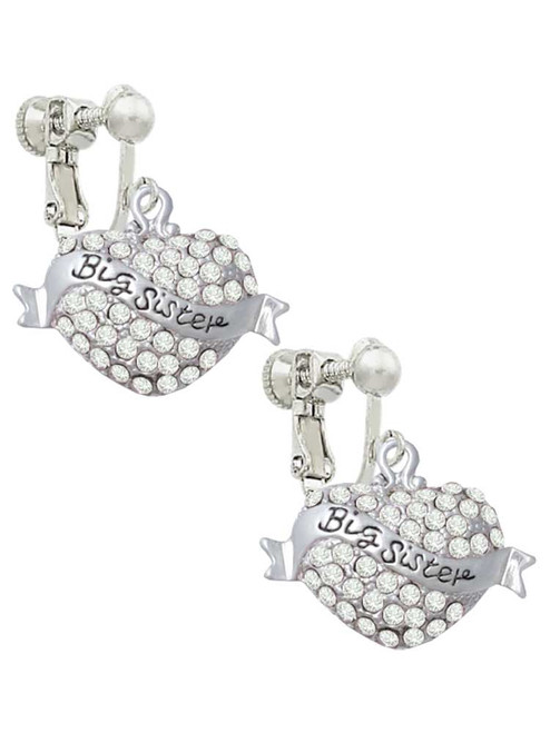 Big Sister Banner on Clear Crystal Heart Clip On Earrings