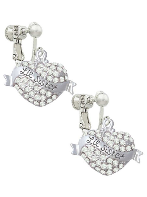 Lil Sister Banner on Clear Crystal Heart Clip On Earrings