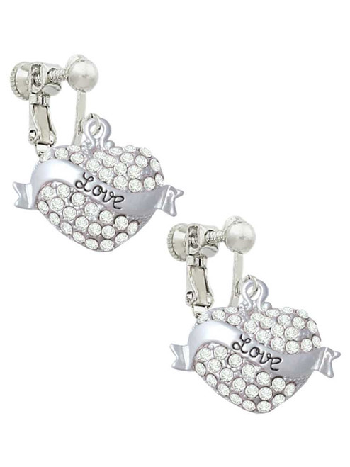 Love Banner on Clear Crystal Heart Clip On Earrings
