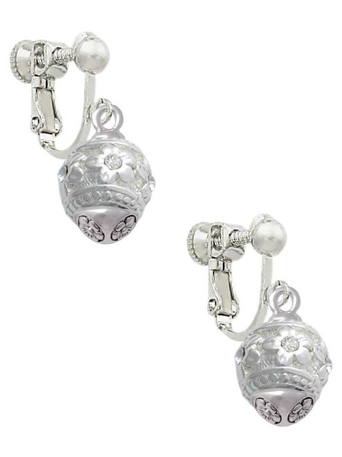 Raised Silver Tone Flowers with Clear Crystals on Barrel Spinner Clip On Earrings