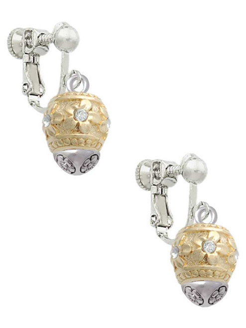 Raised Gold Tone Flowers with Clear Crystals on Barrel Gold Tone Spinner Clip On Earrings