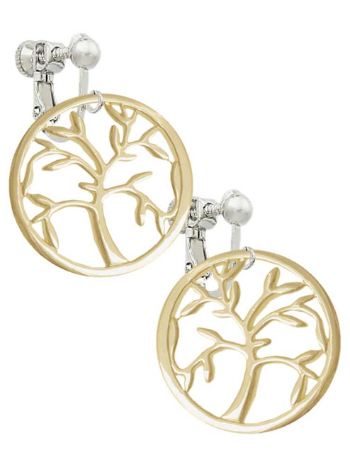 Gold Tone Tree of Life in Circle Clip On Earrings