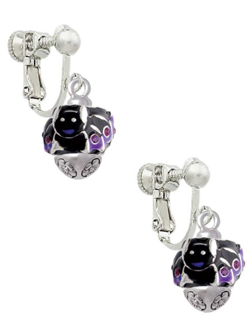 Black and Purple Bats with Crystals Spinner Clip On Earrings