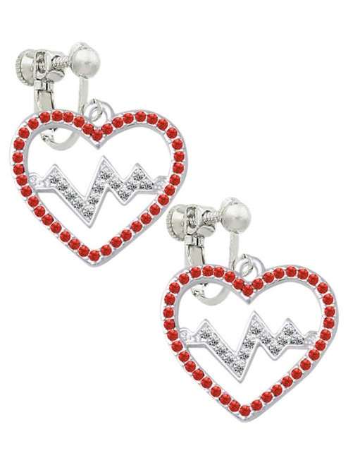 Large Red Crystal Heart with Clear Heartbeat Clip On Earrings