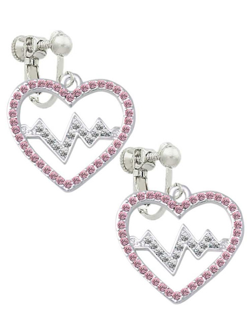 Large Pink Crystal Heart with Clear Heartbeat Clip On Earrings