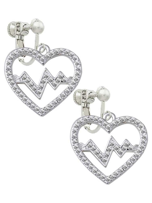 Large Clear Crystal Heart with Heartbeat Clip On Earrings