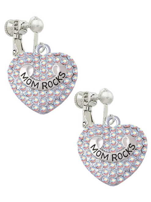 Mom Rocks on AB Crystal Heart Clip On Earrings