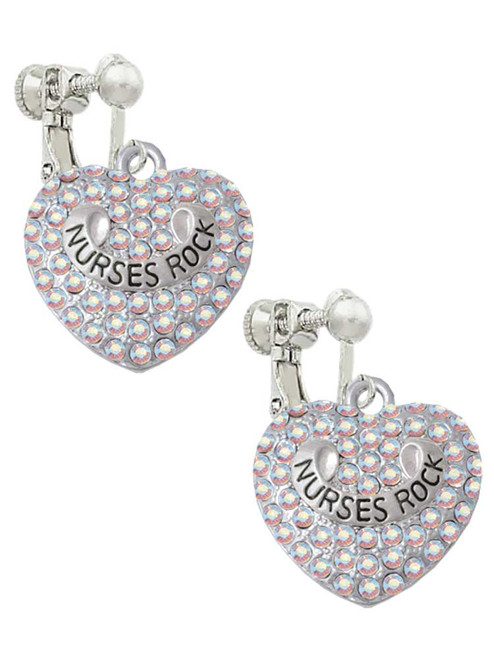 Nurses Rock on AB Crystal Heart Clip On Earrings