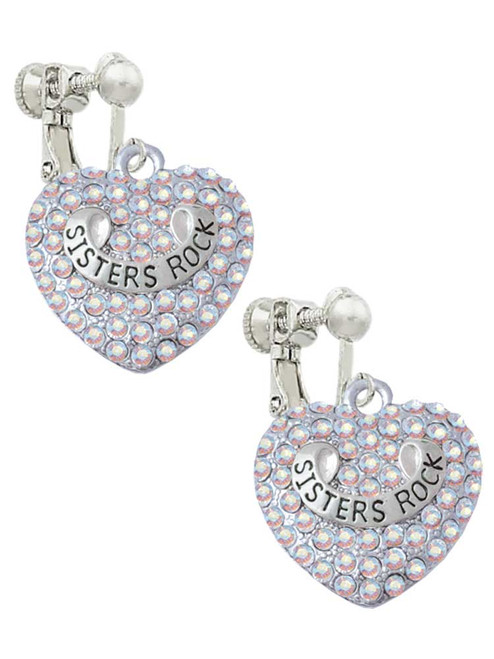 Sisters Rock on AB Crystal Heart Clip On Earrings