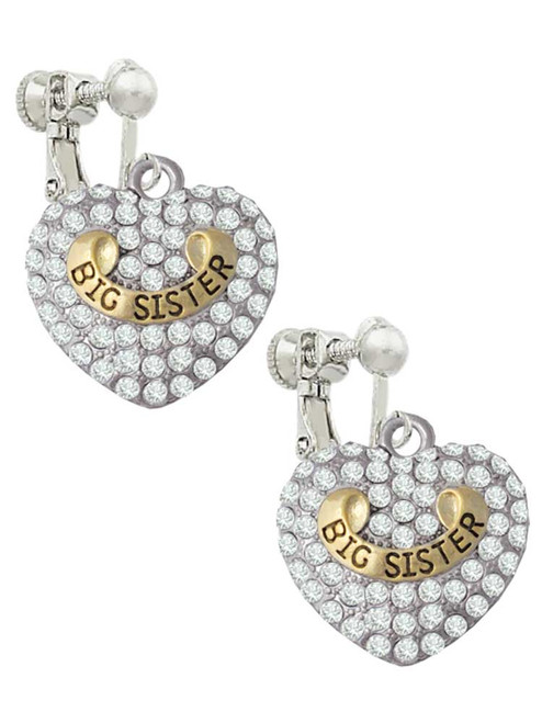 Gold Tone Big Sister Rock on Clear Crystal Heart Clip On Earrings