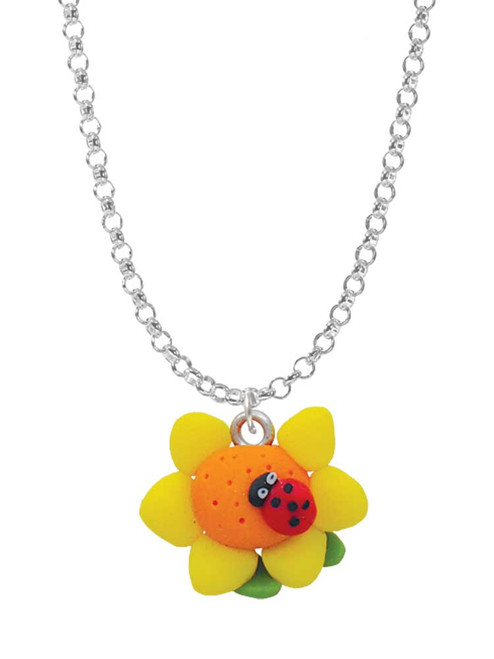 Fimo Clay Sunflower with Ladybug Charm Necklace