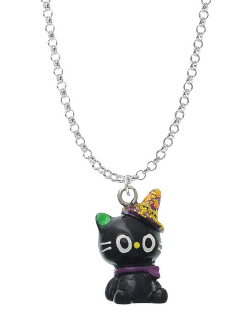 Resin Black Kitty Cat with Witch Hat Charm Necklace