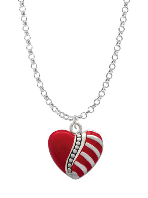 Striped Red Enamel Heart with Beaded Decoration Charm Necklace