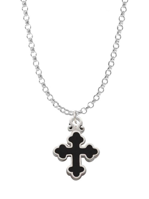 Small Black Enamel Botonee Cross Charm Necklace