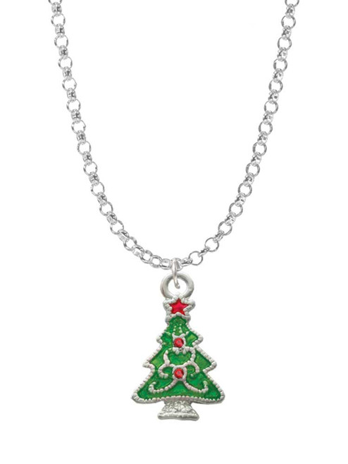Green Christmas Tree with Red Crystals Charm Necklace